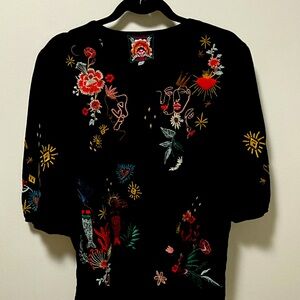 Johnny Was Black Tee with Multicolor Embroidery